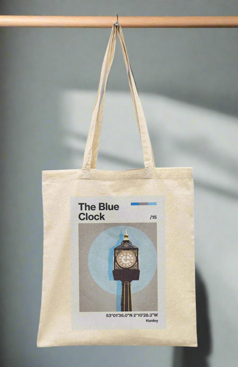 Tote bag featuring a design of the B=famous Blue Clock in Hanley, Stoke