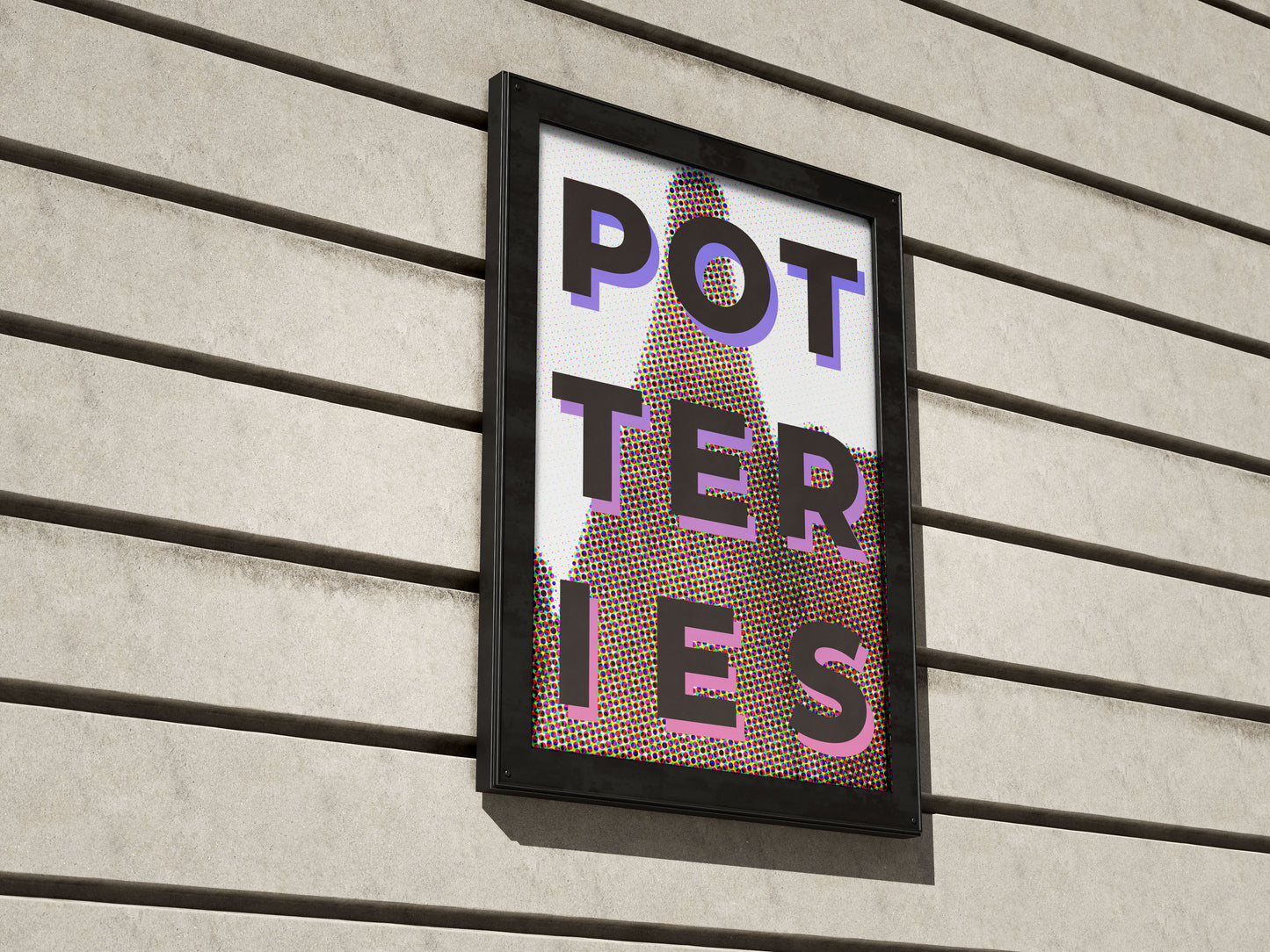 The Potteries Pop Art Print features the word POTTERIES in bold purple on a dotted abstract background, framed and set against a beige, lined wall—evoking the classic style of a traditional Potteries pot bank.