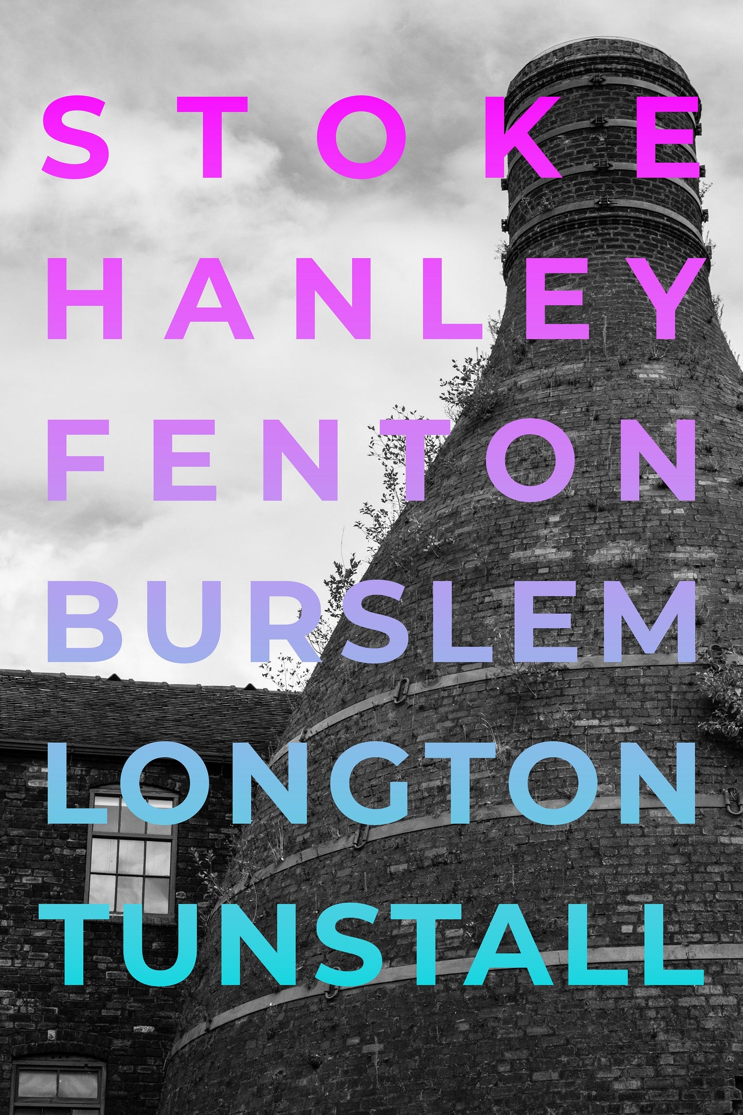 6 Towns Blue/Purple is a quality card featuring black and white pottery kiln photography, overlaid with the names Stoke, Hanley, Fenton, Burslem, Longton, and Tunstall in bold blue/purple gradient text.