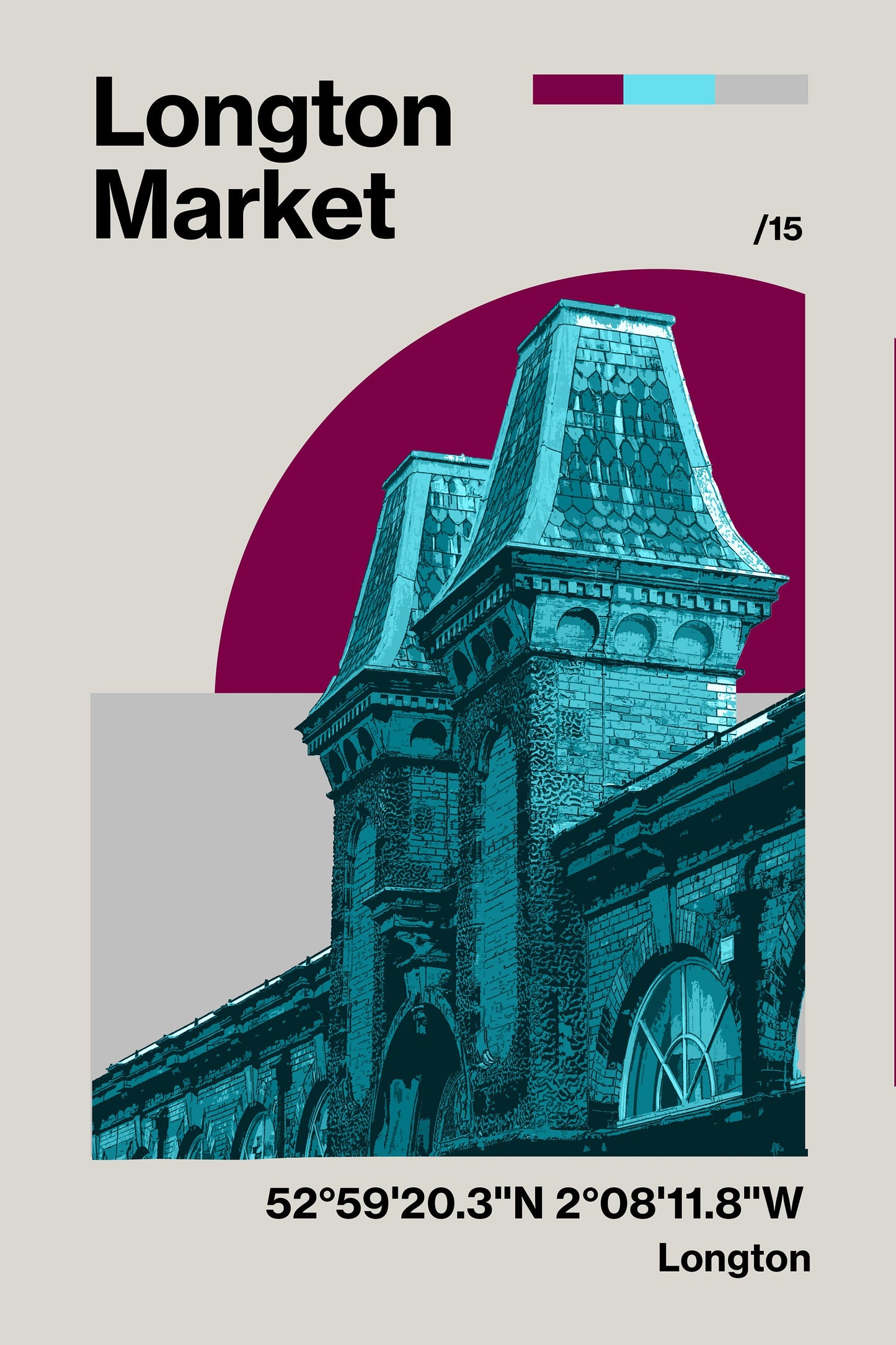 The Longton Market Poster Print features a stylized illustration of the market’s brick building with twin towers on a magenta semicircular background, with “Longton Market,” coordinates, and “/15 Longton” on a light gray paper-like backdrop.