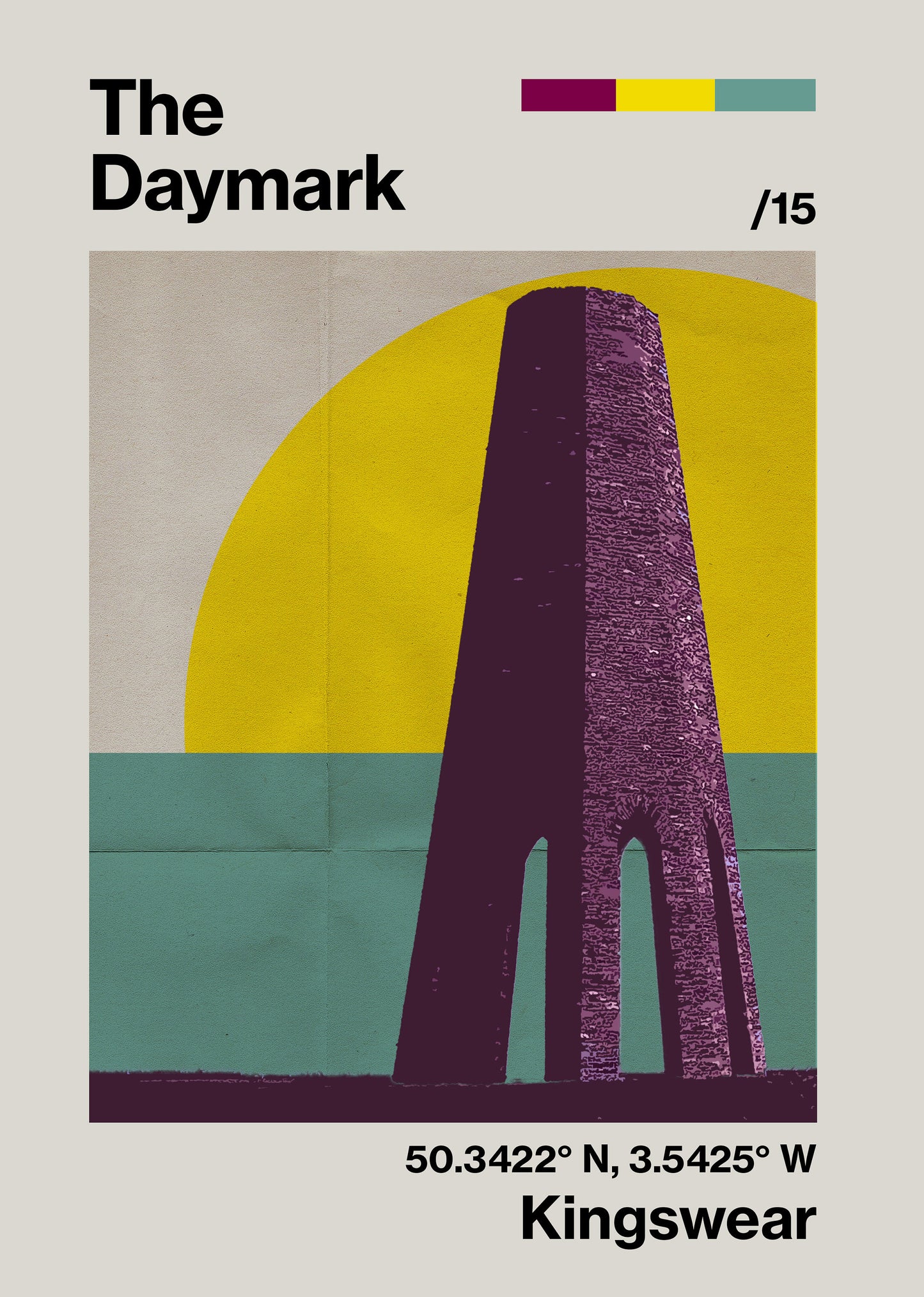 A vibrant poster of Daymark Dartmouth Kingswear features the iconic tower with a yellow semicircle sun, teal sea, and coordinates (50.3422° N, 3.5425° W). Bold text highlights the landmark on premium paper.